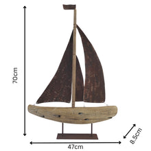 Load image into Gallery viewer, Handcrafted Timber + Rust Metal Sailboat 47x8.5x70cm