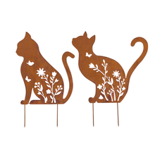 Load image into Gallery viewer, Set/2 Asst Rust Lasercut Sitting Cat Garden Stakes 37.5x0.7x46/29x0.7x47cm