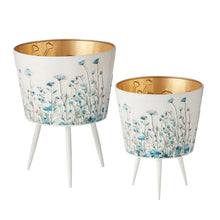 Load image into Gallery viewer, Set of 2 Blue Floral Planters on Legs 28.2x37