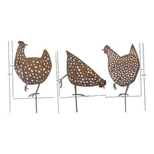 Load image into Gallery viewer, Set/3 Asst Rust Chook Family Garden Stakes 19x0.6x35cm