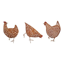 Load image into Gallery viewer, Set/3 Asst Rust Chook Family Garden Stakes 19x0.6x35cm