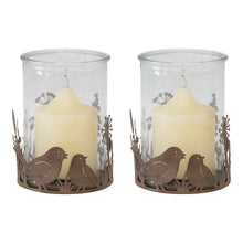 Load image into Gallery viewer, Set/2 Glass Candleholders in Low Rust Base w/Birds 10.5x9cm