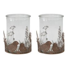 Load image into Gallery viewer, Set/2 Glass Candleholders in Low Rust Base w/Birds 10.5x9cm