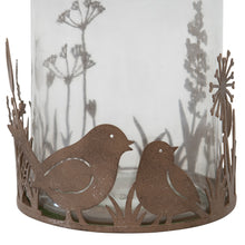 Load image into Gallery viewer, Set/2 Glass Candleholders in Low Rust Base w/Birds 10.5x9cm