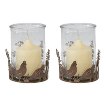 Load image into Gallery viewer, Set/2 Glass Candleholders in Low Rust Base w/Chooks 10.5x9cm