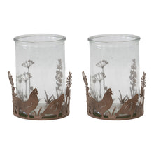 Load image into Gallery viewer, Set/2 Glass Candleholders in Low Rust Base w/Chooks 10.5x9cm