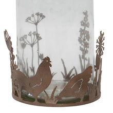 Load image into Gallery viewer, Set/2 Glass Candleholders in Low Rust Base w/Chooks 10.5x9cm