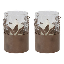 Load image into Gallery viewer, Set/2 Glass Pillar Candleholders in Stilted Rust Base w/Chooks 11.5x17cm
