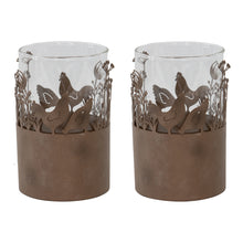 Load image into Gallery viewer, Set/2 Glass Pillar Candleholders in Stilted Rust Base w/Chooks 11.5x17cm