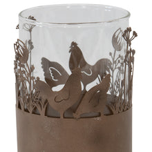 Load image into Gallery viewer, Set/2 Glass Pillar Candleholders in Stilted Rust Base w/Chooks 11.5x17cm