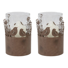 Load image into Gallery viewer, Set/2 Glass Pillar Candleholders in Stilted Rust Base w/Birds 11.5x17cm