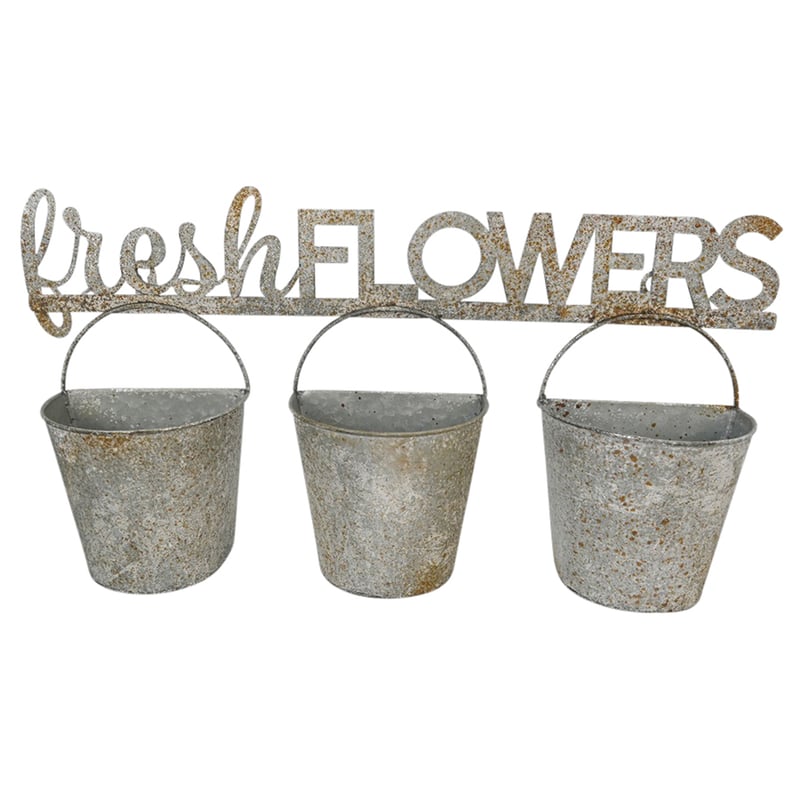 Three Bucket 'Fresh Flowers' Wall Planter 51x9x26cm