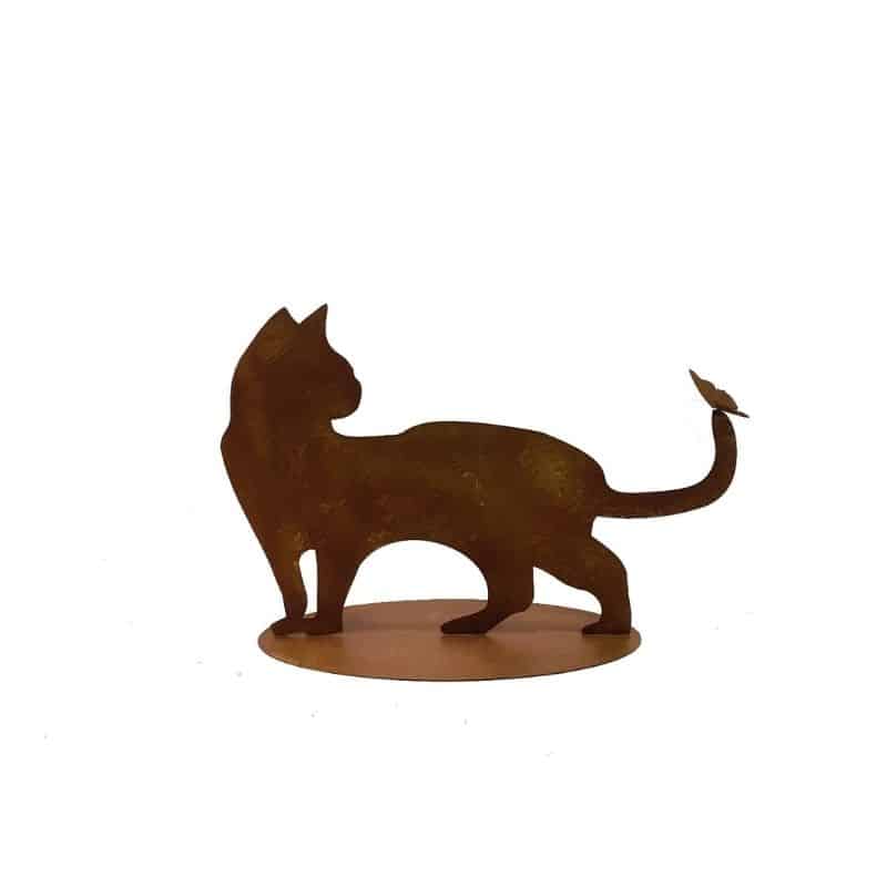 Rust Cat + Butterfly Ornament on Base 50x15x35cm