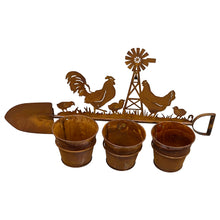 Load image into Gallery viewer, Three Pot Wall Planter on Shovel w/Chooks 60x15x30cm
