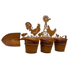 Load image into Gallery viewer, Three Pot Wall Planter on Shovel w/Chooks 60x15x30cm
