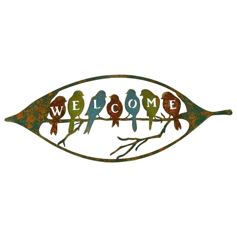 Colour-Rust Birds in Leaf 'Welcome' Sign 60x0.6x24cm