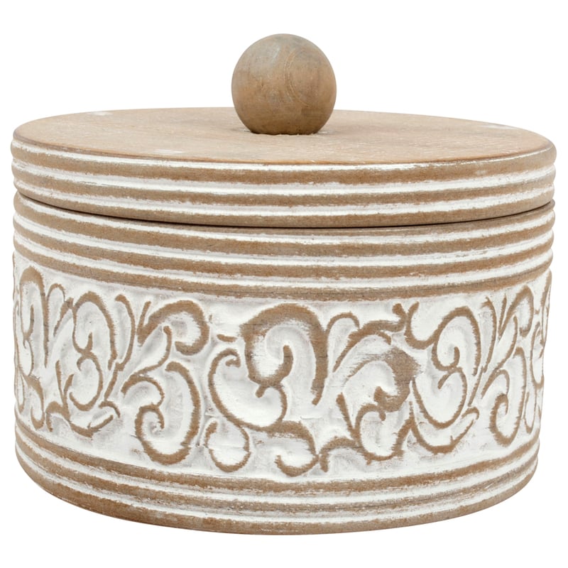 Round Carved White Trinket Box w/Lid 17x17x14cm