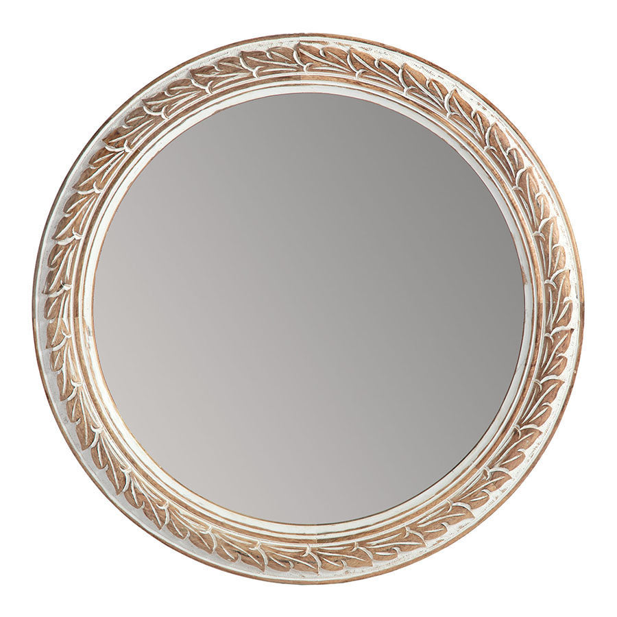 70cm Round 'Leaves' Carved Mango Wood Wall Mirror 70x3.5cm