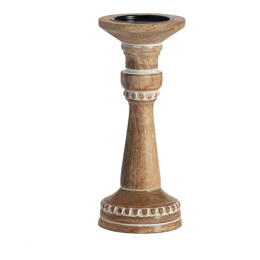 30cm Handcrafted Carved Mango Wood Pillar Candleholder 30x12.5cm