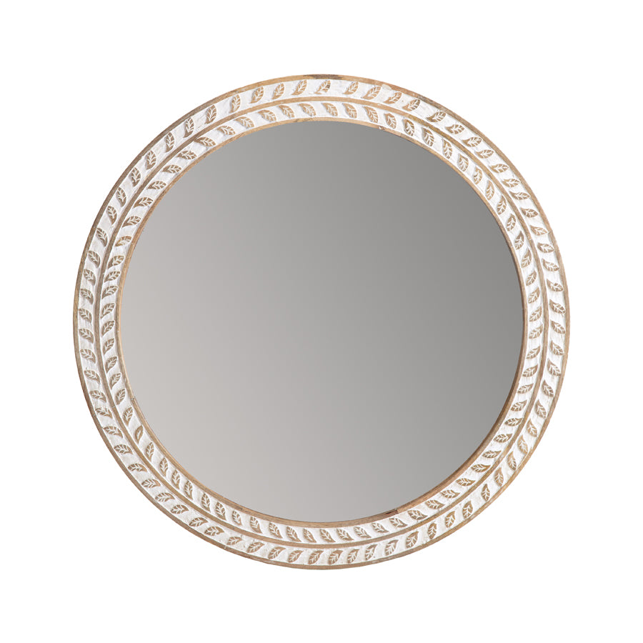 75cm Handcrafted Round Leafy Mango Wood Wall Mirror 75x3.5cm