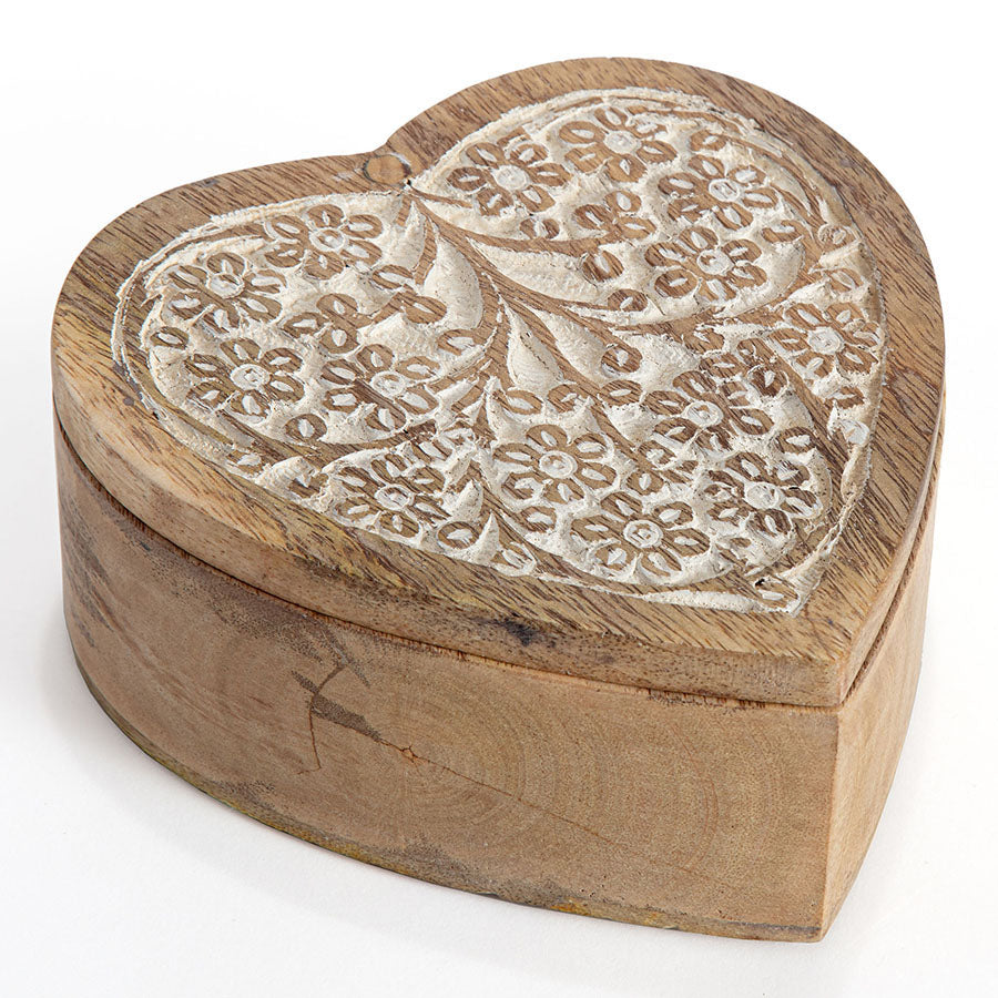 Hand-Carved Mango Wood Heart Box w/Pivot Lid 15x15x7cm