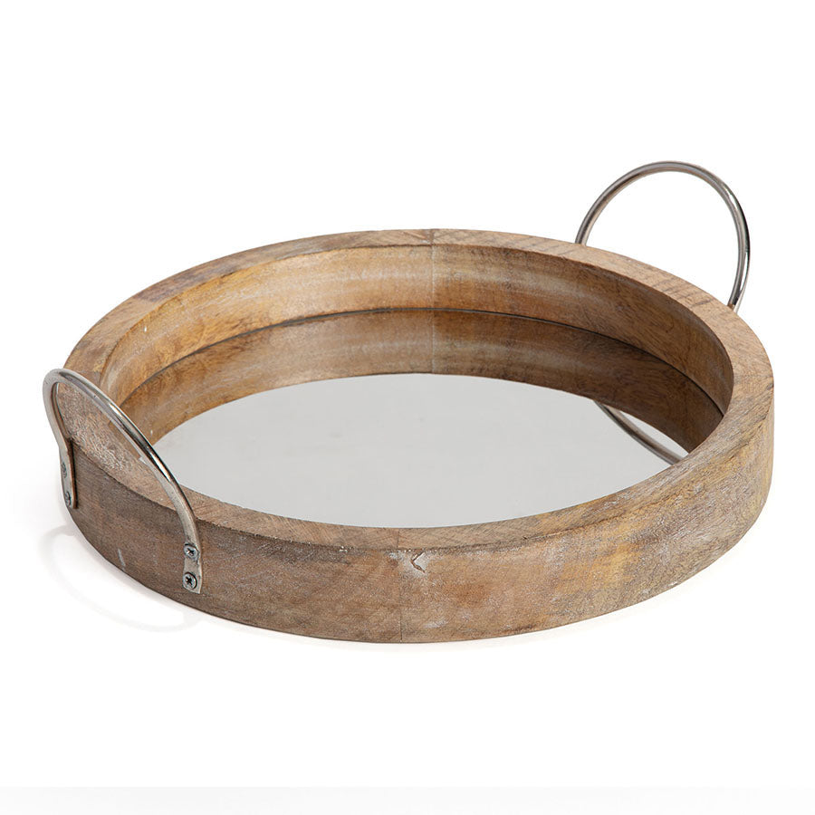 Round Mirror Based Mango Wood Tray w/Handles 33x11-13cm