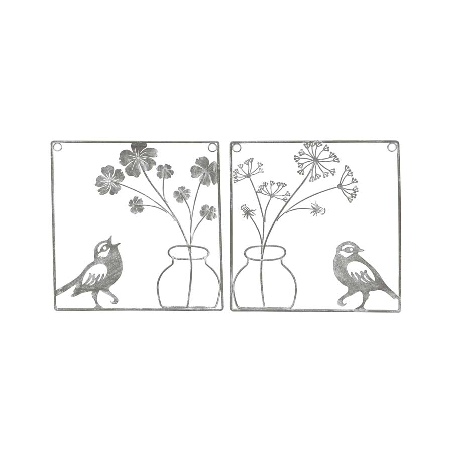 Set/2 Asst Wire Bird w/Flower Vase Wallart 20.5x0.6x20.5cm