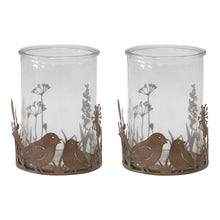Load image into Gallery viewer, Set/2 Glass Candleholders in Low Rust Base w/Birds 10.5x9cm
