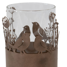 Load image into Gallery viewer, Set/2 Glass Pillar Candleholders in Stilted Rust Base w/Birds 11.5x17cm
