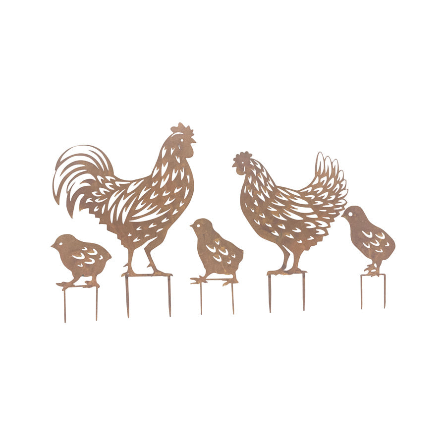 Rust Chook Family of 5 Garden Stakes 36x0.6x48-14x0.6x19cm