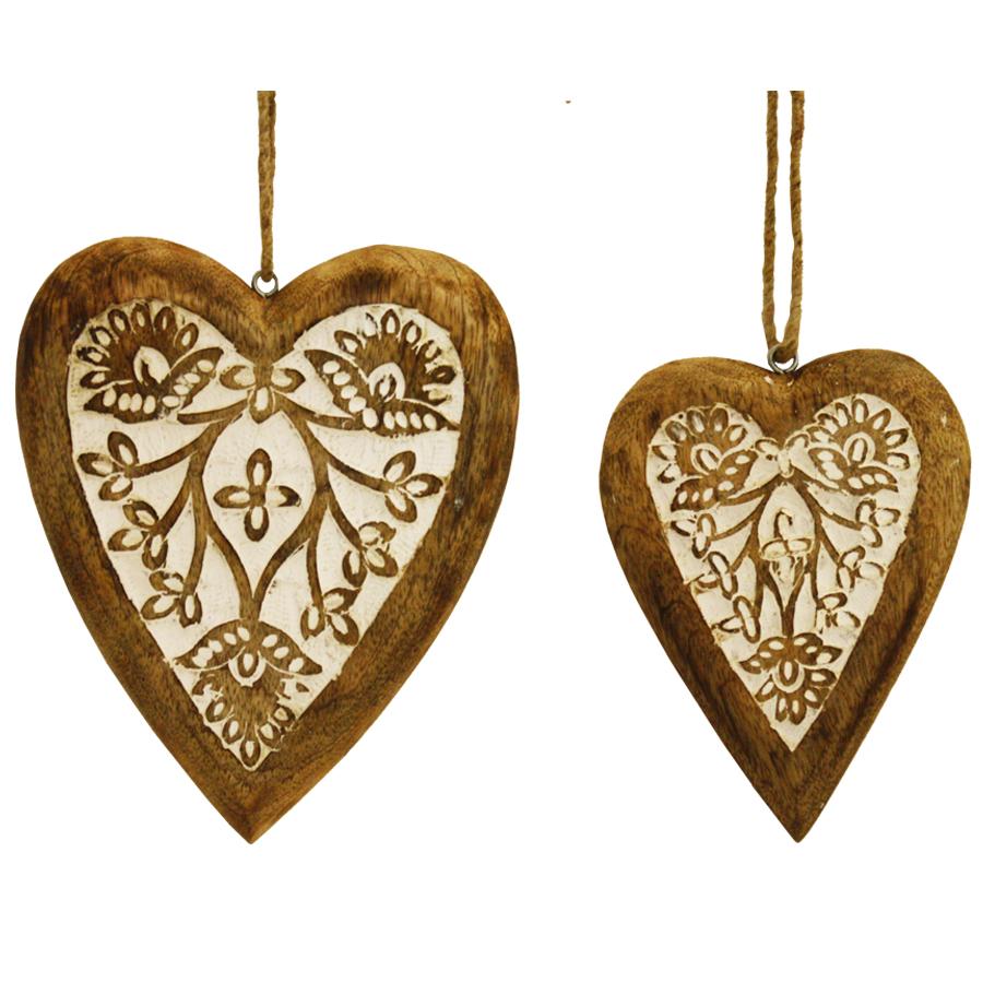 Set/2 Nested Mango Wood Carved Hanging  Hearts