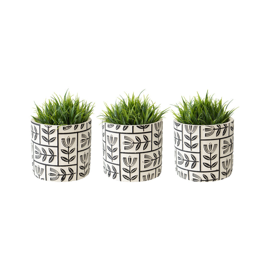 Set/3 Monochrome Flower Art Planter w/Hole & Plug 11x10cm