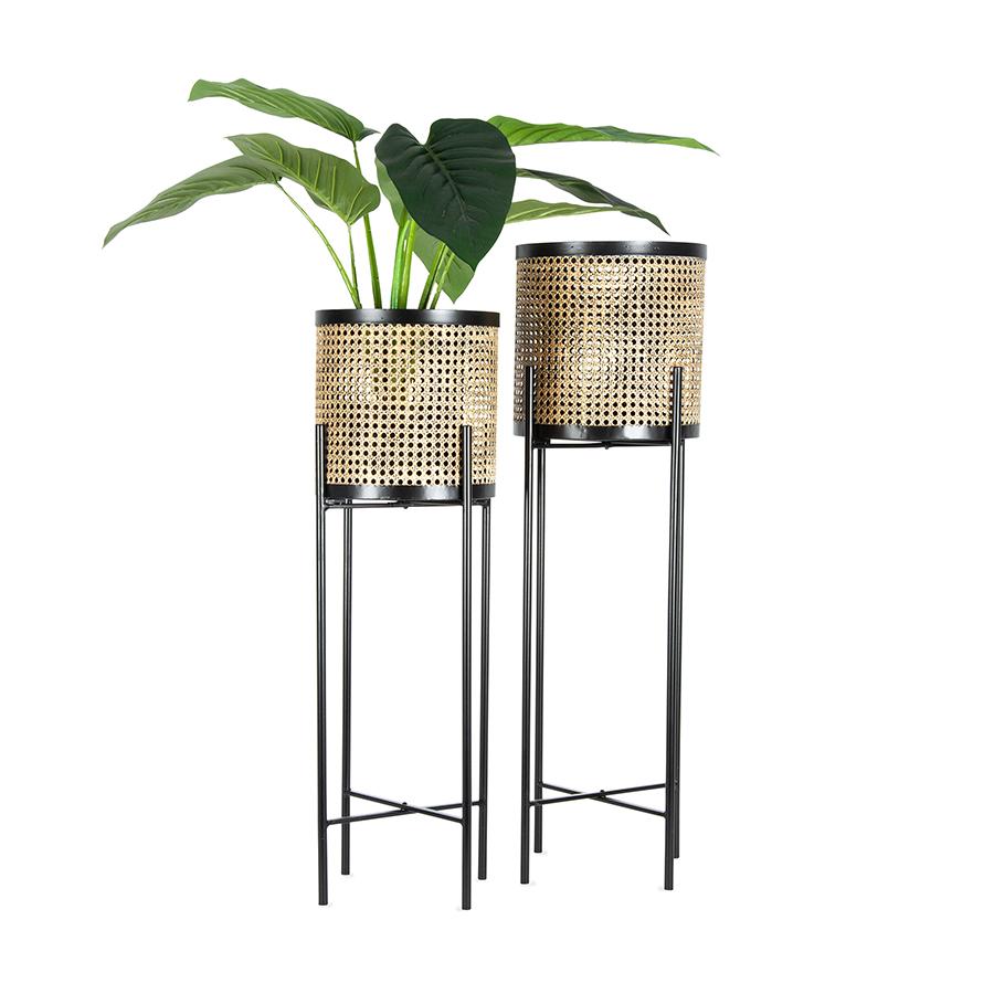 Set/2 Nested Rattan-Look w/Black Stilted Planters